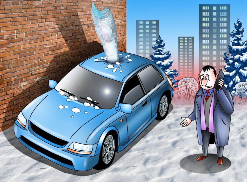  Эксперты компании «Новиков» фиксирует повреждения автомобиля от снега.